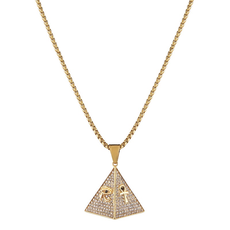 AsAlways 18K Gold Plated Pyramid Necklace for Men Stainless Steel Cubic Zirconia Coptic Ankh Cross Eye of Horus Ancient Egypt Pendant Necklace - Image 5